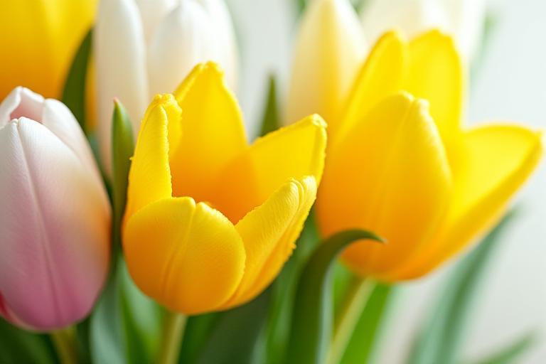 A vibrant spring bouquet with tulips and daffodils.